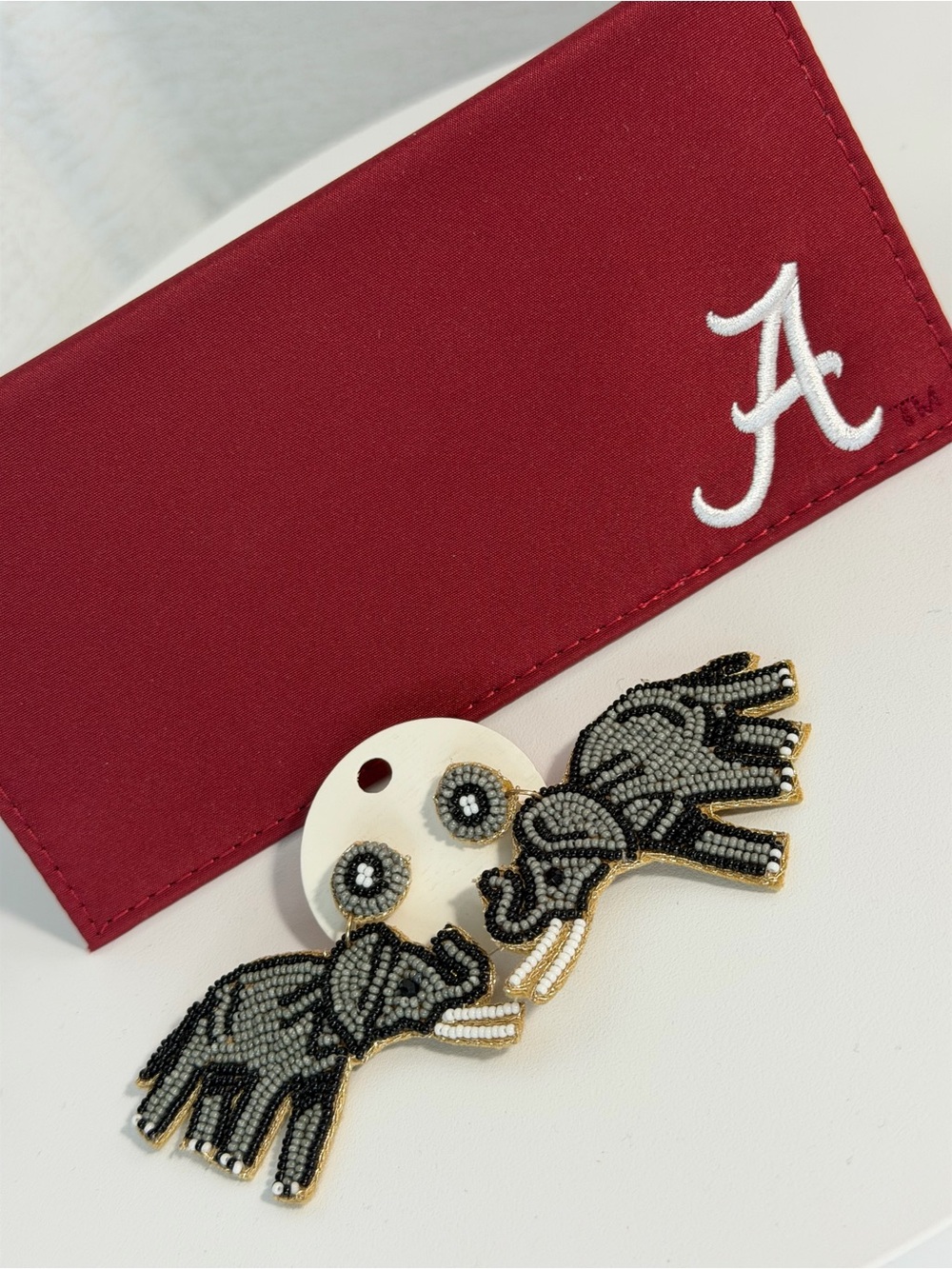 Alabama Crimson Beaded Elephant Earrings & Slim Wallet Bundle NWT